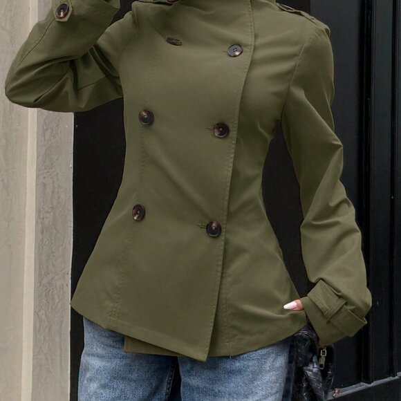 Army Green Casual Women's Long Sleeve Double-Breasted mini Trench Coat - Picture 5 of 5